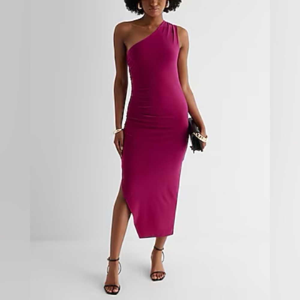 One Shoulder Ruched Side Midi Dress